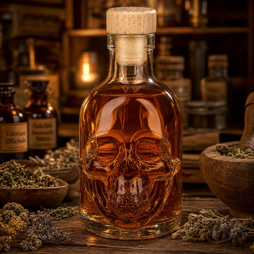 200 ml glazen fles Jack met houten kurk UNiTWIST® Apothekerssfeer met 200 ml glazen fles met doodshoofd Jack, kruiden en amberkleurige vloeistof op houten tafel