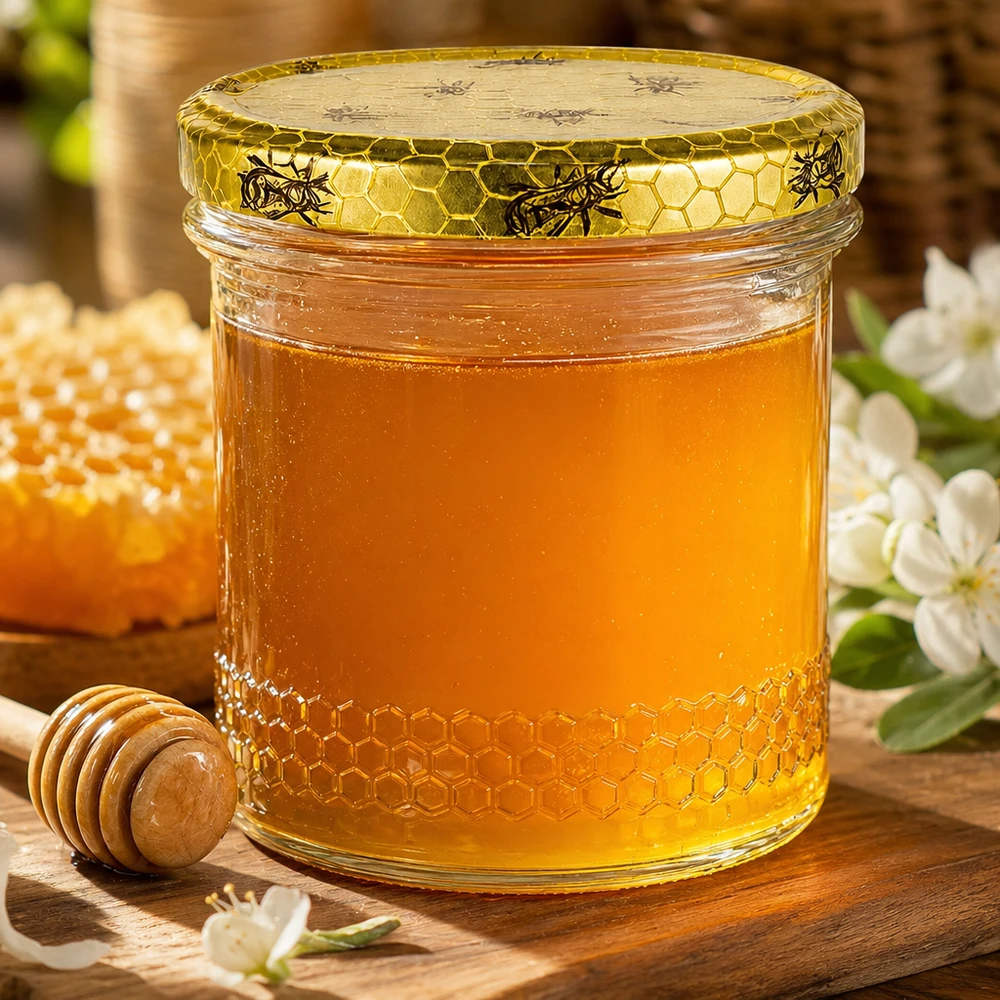 Gouden honingpot 400ml met BasicSeal honingraatdeksel, houten honinglepel en bloemen op een rustieke houten tafel