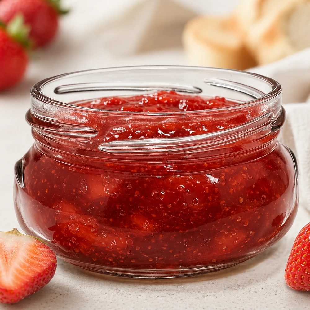 UNiTWIST Terrina120 terrine pot 120ml TO70 gevuld met rode aardbeienjam naast verse aardbeien