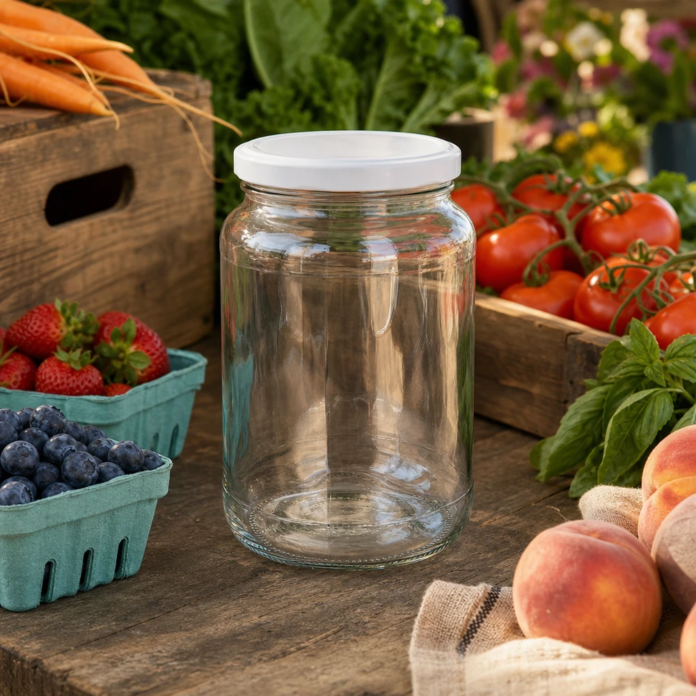 1700ml rond glas met BasicSeal deksel wit UNiTWIST 1700 ml BasicSeal witte ronde pot op marktkraam met verse tomaten aardbeien perziken toont veelzijdigheid