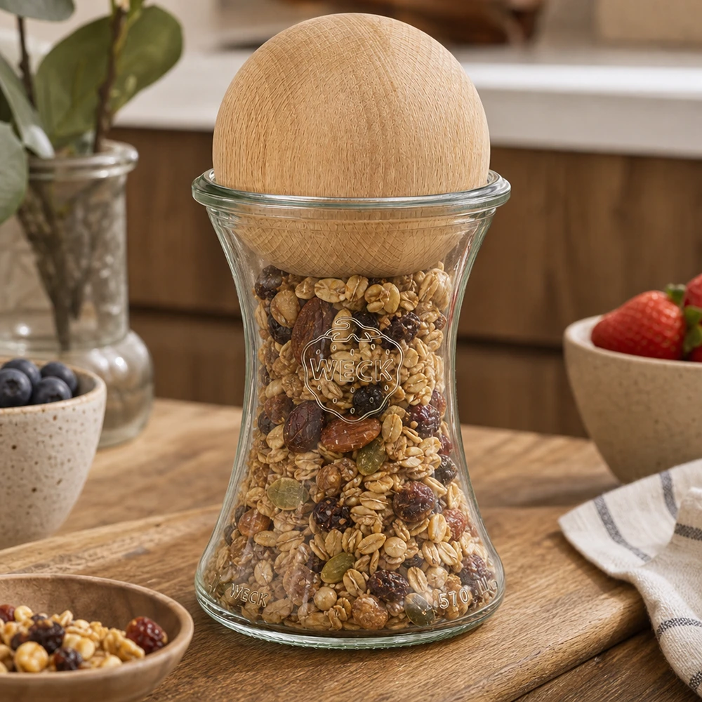 370ml delicatessenglas WECK RR80 met houten bal WECK Vorratsglas 370ml mit Buchenholzkugel gefüllt mit Müsli Nüssen auf Holzbrett Küchendeko stylisch