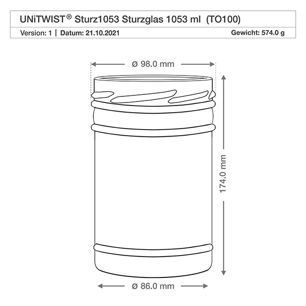 1053ml beker zonder deksel (TO100) UNiTWIST UNiTWIST trommel 1053ml TO100 technische tekening met afmetingen diameter 98mm hoogte 174mm gewicht 574g