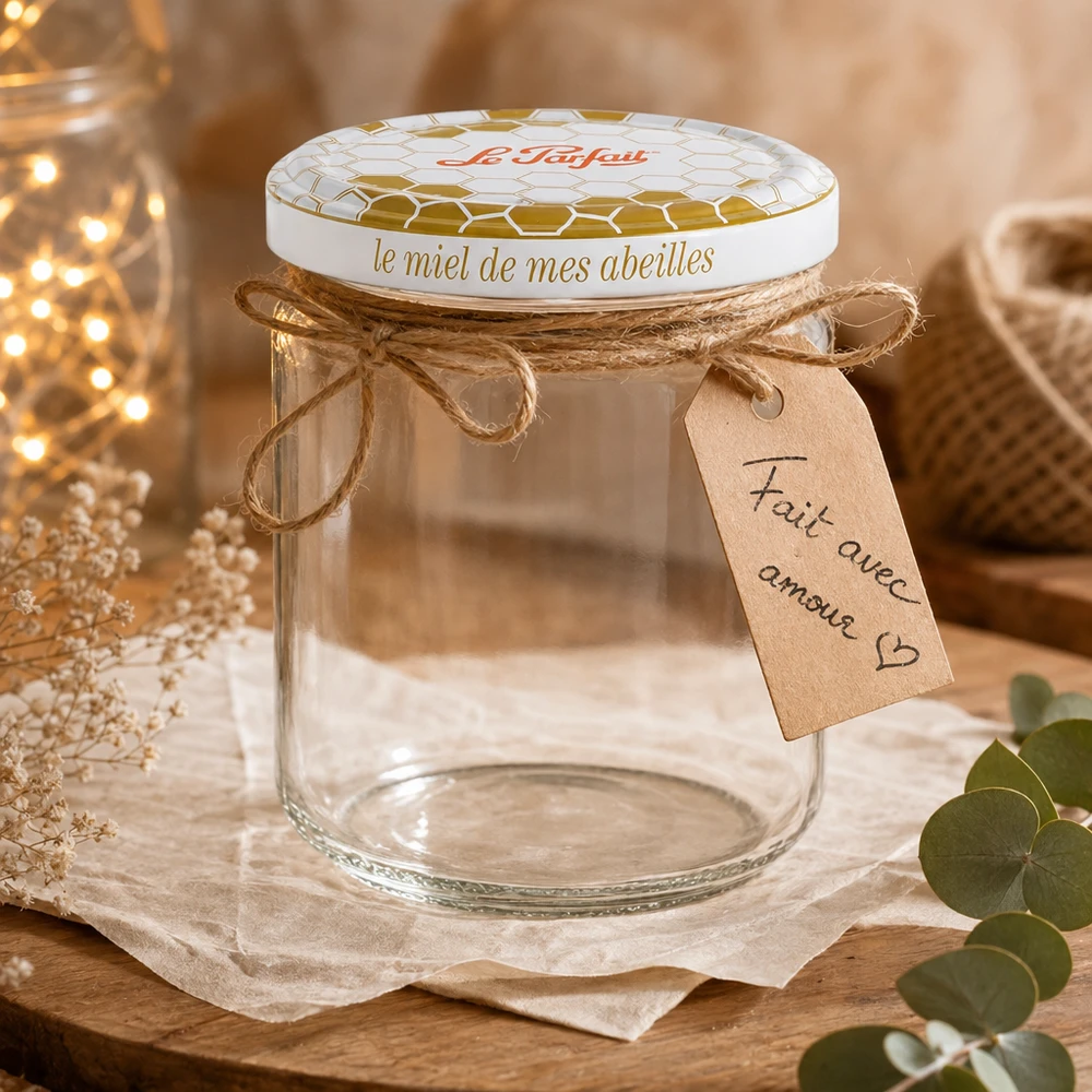 Le Parfait® honingpot 212 ml Ø63 mm Le Parfait 212ml honingpot versierd met geschenkdoos, jute koord en handgeschreven label