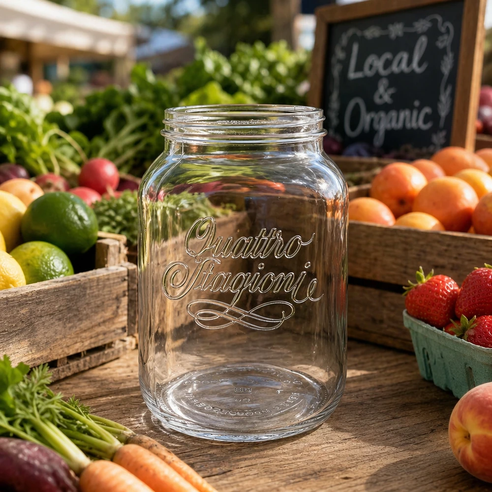 3000ml Quattro Stagioni huishoudglas op een houten tafel met vers fruit en groenten van de boerenmarkt