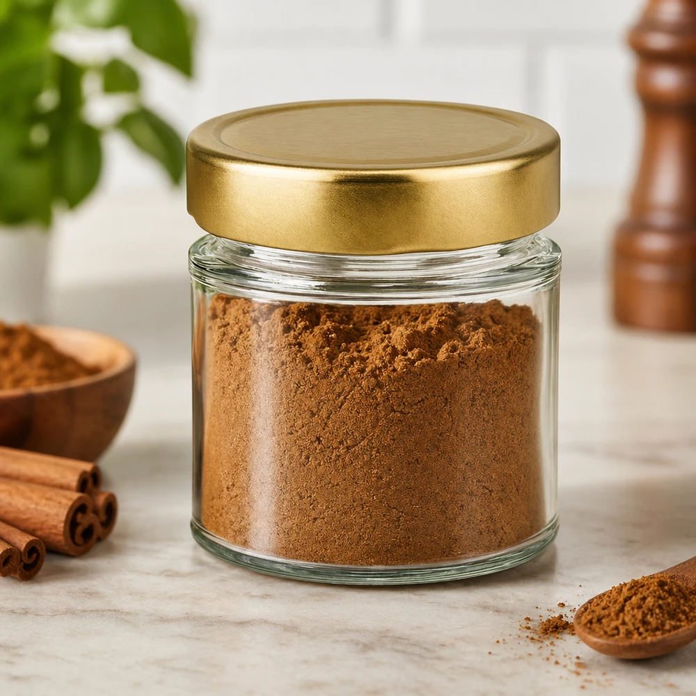 154ml rond glas met BasicSeal deksel goud deep UNiTWIST 154ml ronde pot BasicSeal goud gevuld met bruin poeder kaneel specerijen keuken decor opslag pot opslag