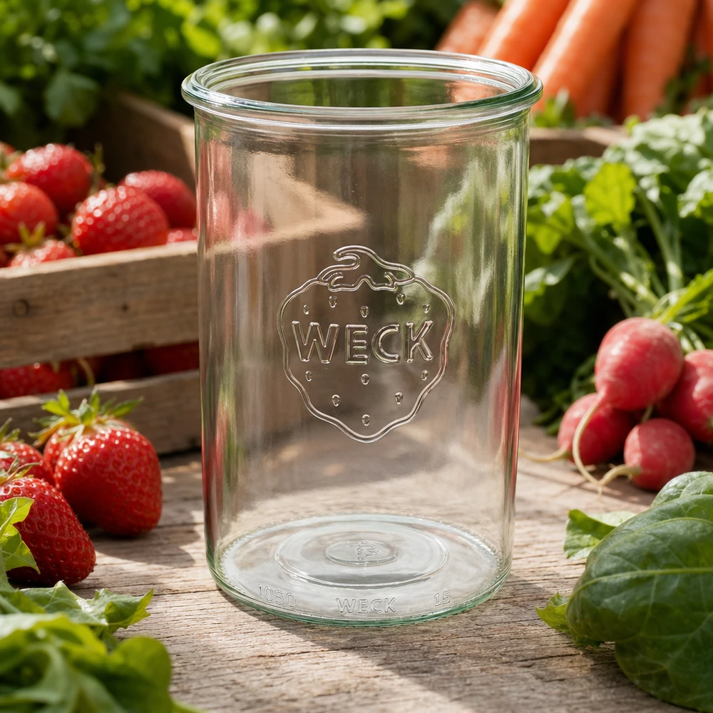WECK RR100-pot van 1000 ml WECK 1000ml RR100 bekers met logo op houten tafel omringd door verse aardbeien, radijsjes en groenten