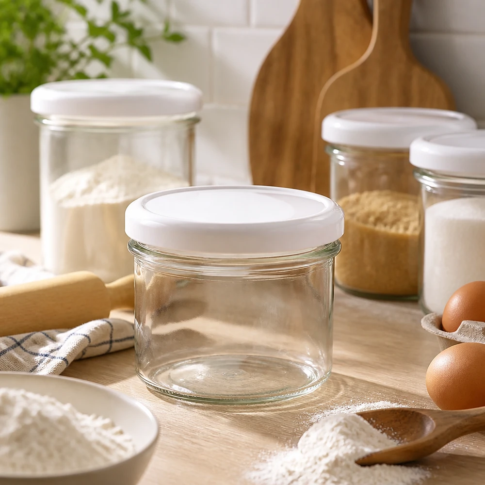 225ml bekers met BasicSeal deksel wit UNiTWIST 225 ml lege glazen pot met BasicSeal deksel in een moderne keuken tussen voorraadpotten en bakingrediënten