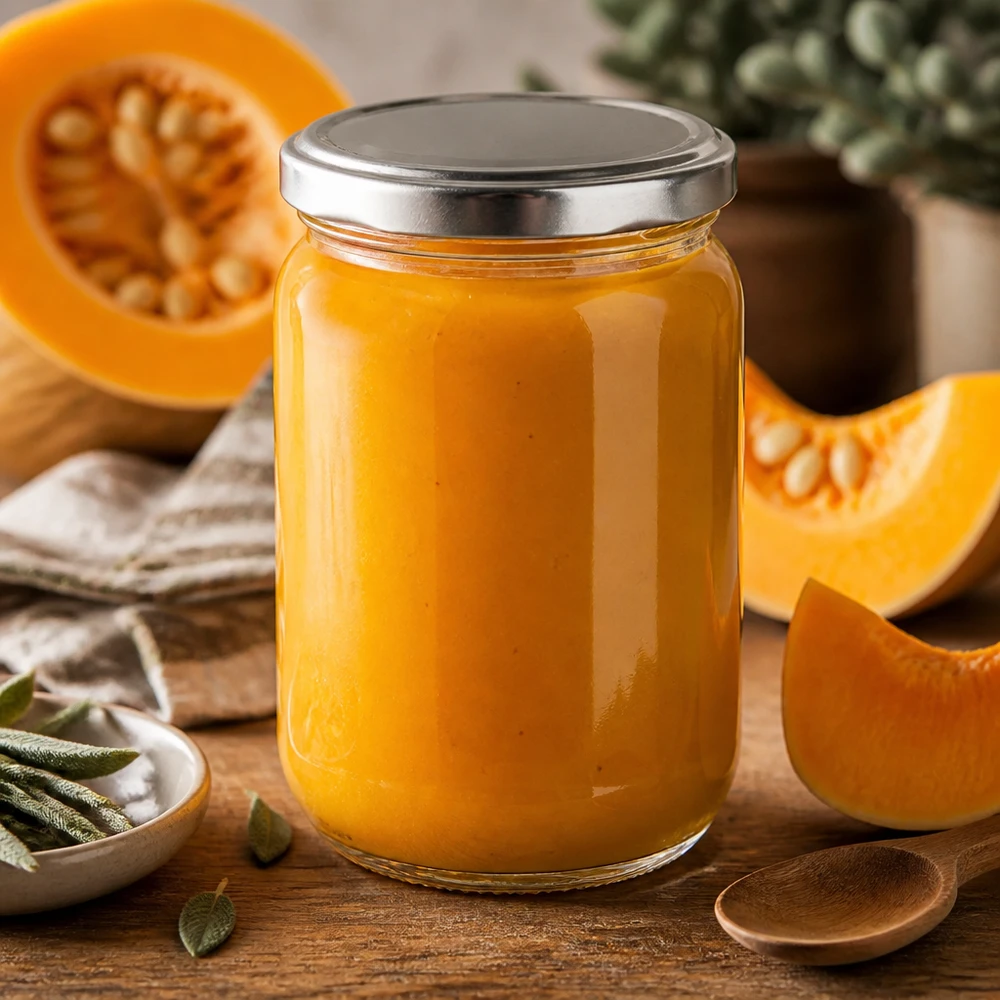 Voorraadpot BasicSeal van 555 ml, zilverkleurig, gevuld met zelfgemaakte pompoenpasta