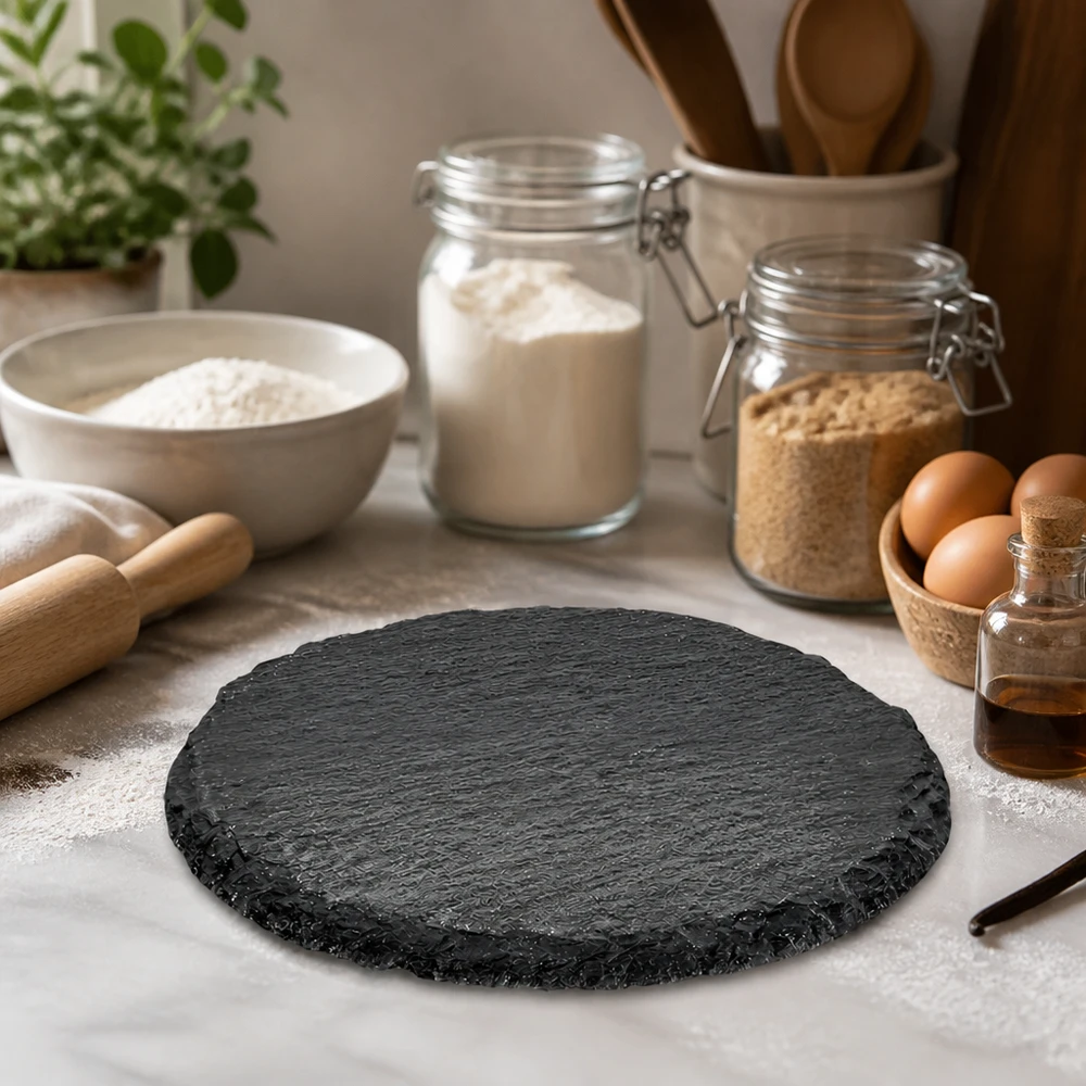 Leistenen dienblad rond Ø 150mm Runde Schieferservierplatte 15cm inmitten von Backzutaten und Küchenutensilien als stilvolle Arbeitsunterlage