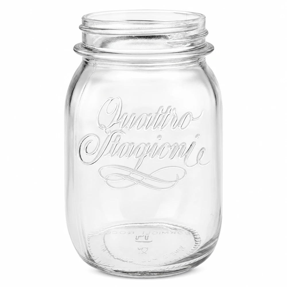 500 ml Quattro Stagioni inmaakpot van helder glas met reliëflogo zonder deksel op witte achtergrond
