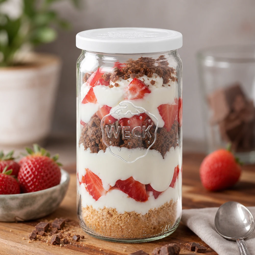 340ml cilinderglas met vershouddeksel WECK RR60 WECK cilinder pot 340ml als dessert pot met aardbeien en room gelaagde dessert decoratief gerangschikt