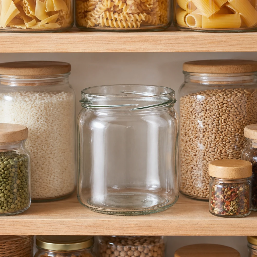 408ml rond glas zonder deksel (TO82) UNiTWIST UNiTWIST Runda408 lege ronde pot 408ml TO82 in een georganiseerde opbergkeuken tussen gevulde voorraadpotten met hulzen.