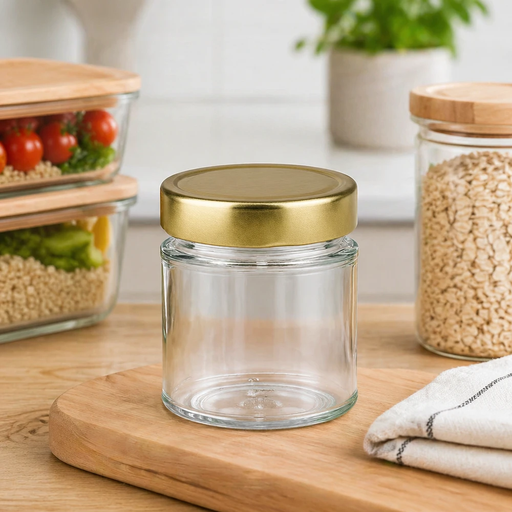 154ml rond potje met gouden deksel leeg op houten plank in moderne keuken met voorraadpotten Opbergen