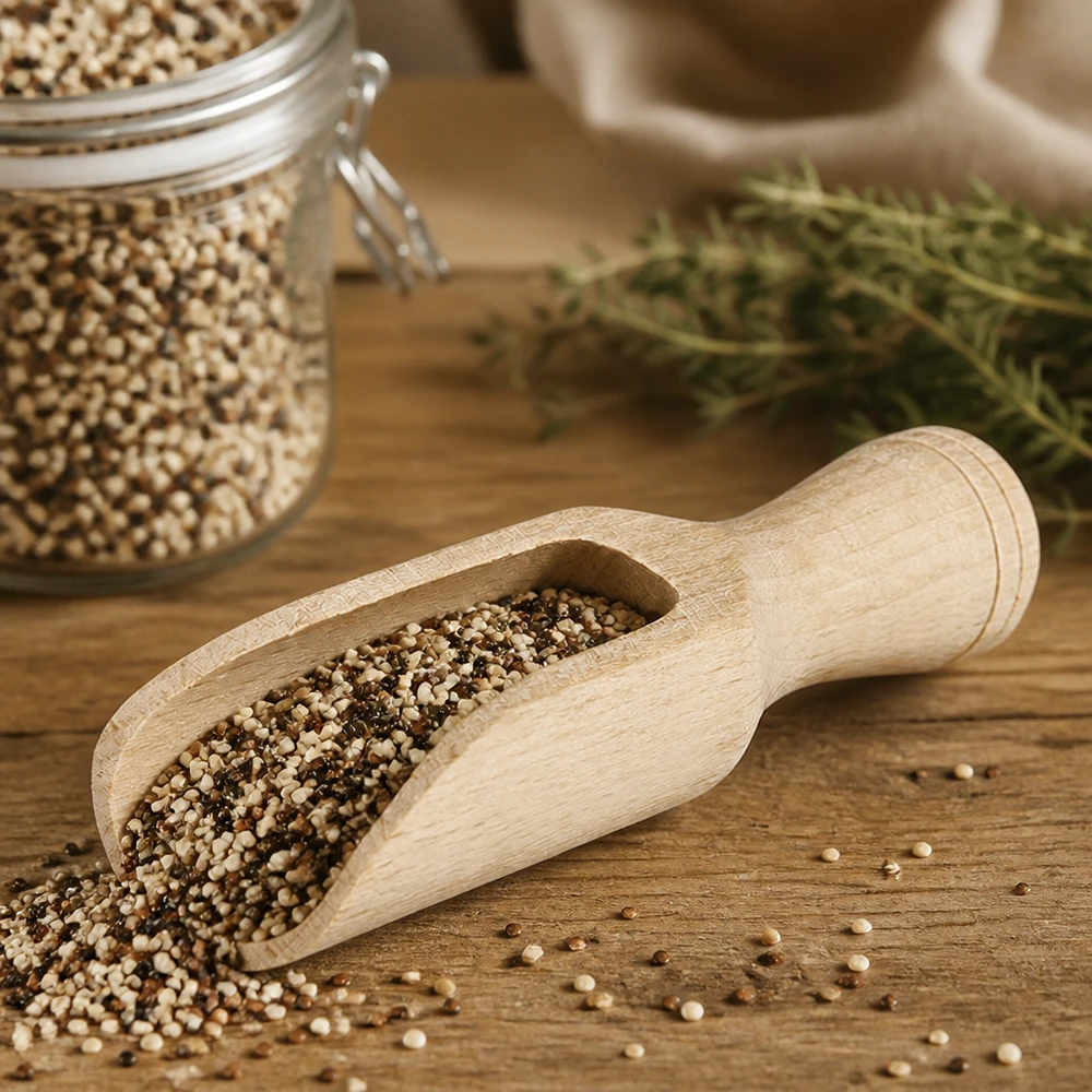 Houten schep maat S halfronde vorm - 75mm lang Buchenholz-Schaufel S mit Koriandersamen gefüllt auf Holztisch neben Kräuterglas stilvolle Küchenhelfer-Szene