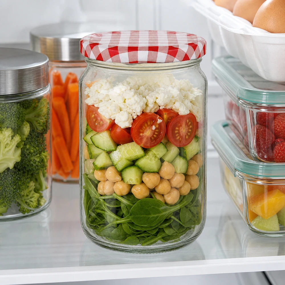 795ml rond glas met BasicSeal deksel rood/wit UNiTWIST 795 ml ronde pot met BasicSeal deksel als maaltijdverpakking met salade, kikkererwten en feta in de koelkast
