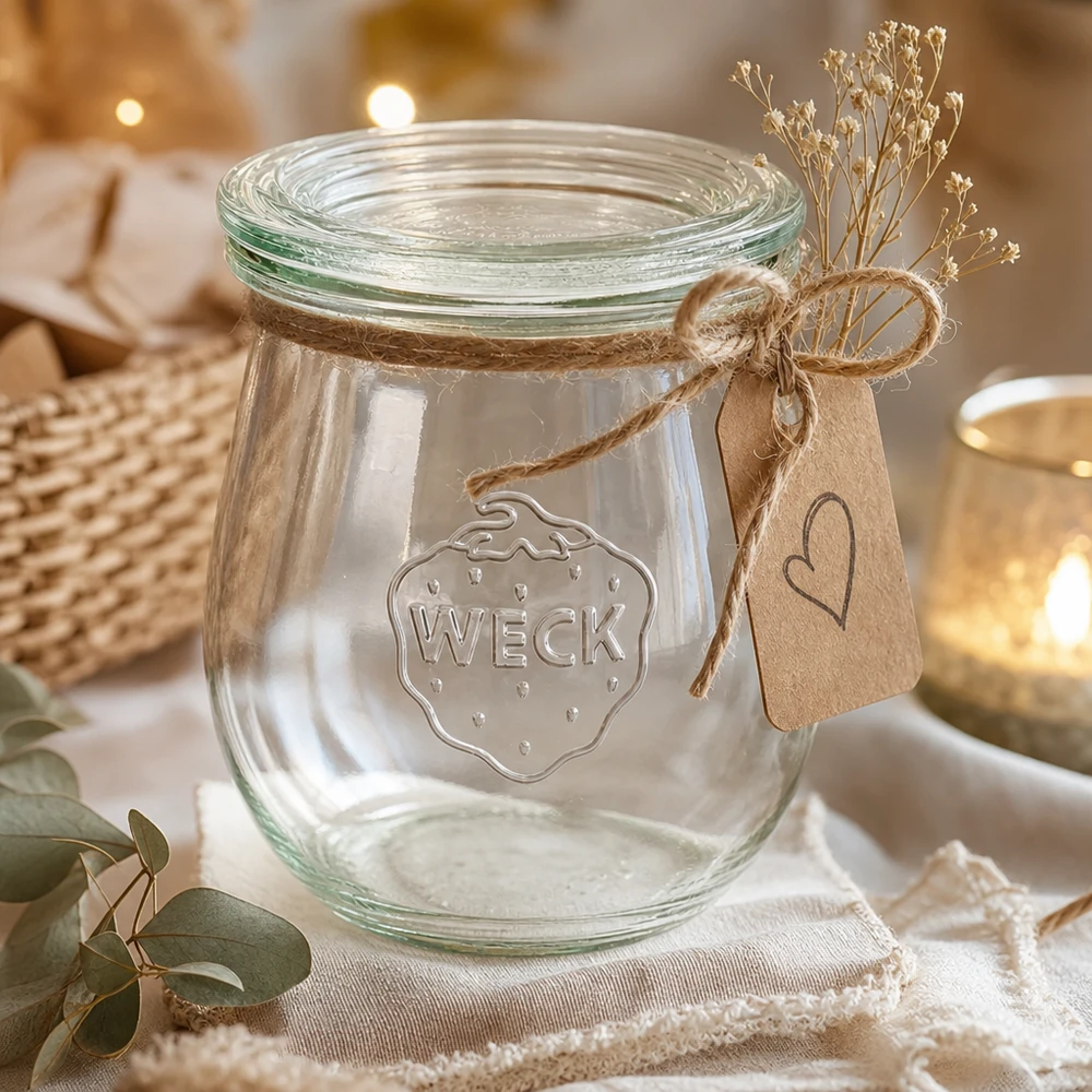 Tulpenpot van 220 ml met glazen deksel WECK RR60 WECK tulpenpot 220ml RR60 decoratief met jute koord kraftpapier tag en gedroogde bloemen als cadeau-idee