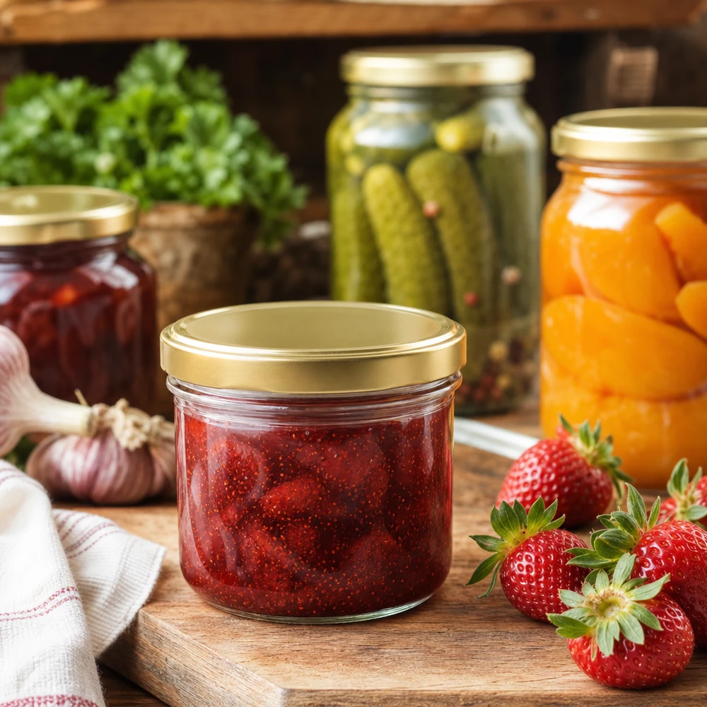260ml bekers met BasicSeal deksel goud UNiTWIST 260 ml tuimelpot met aardbeienjam en BasicSeal deksel goud UNiTWIST in rustieke keuken met inmaakpotten