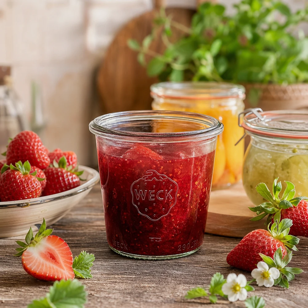 290 ml hoog weckglas WECK RR80 290ml WECK RR80 pot gevuld met aardbeienjam naast verse aardbeien op houten tafel rustieke keuken