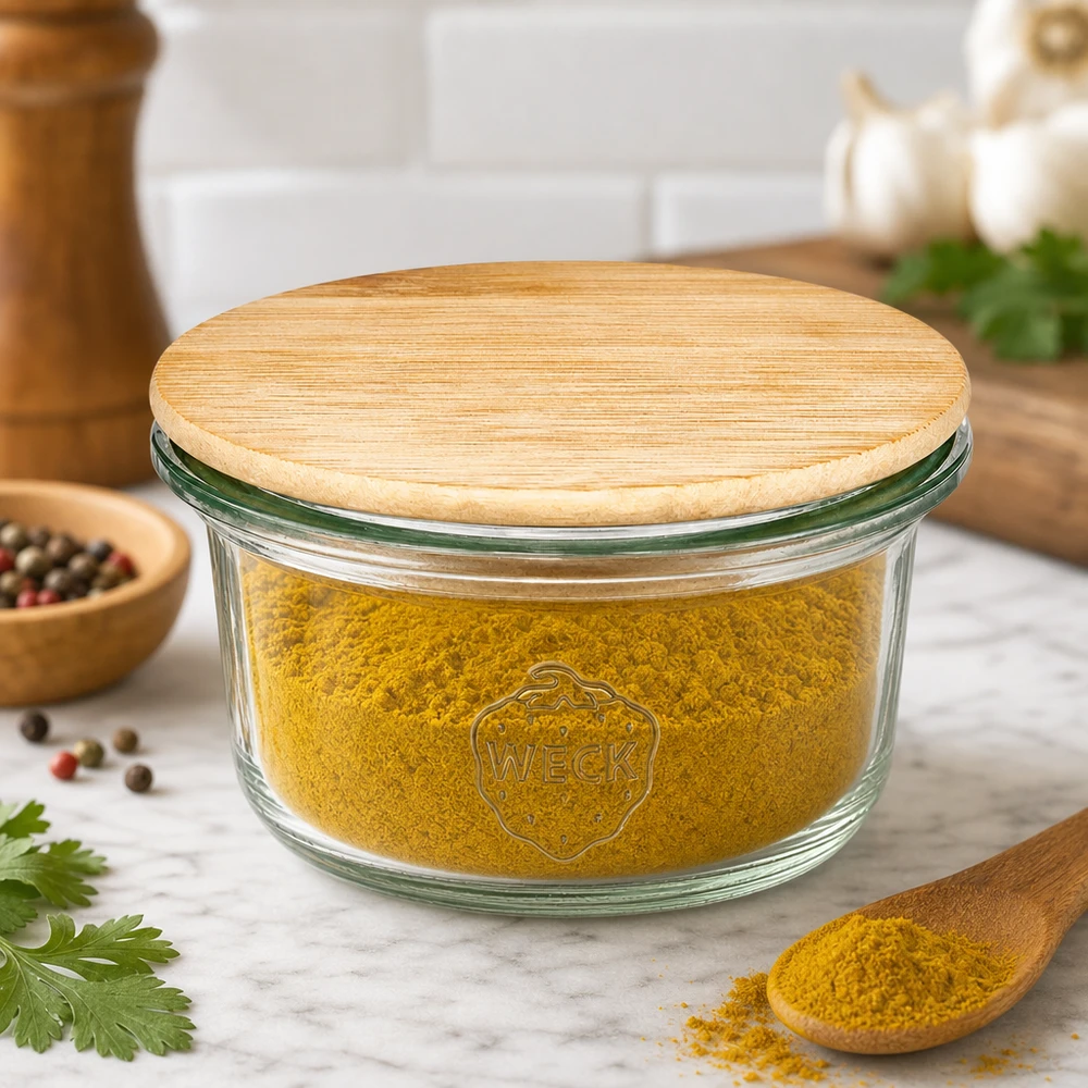 WECK mini mason jar 50ml met houten deksel gevuld met geel kruidenpoeder in moderne keuken met kruiden
