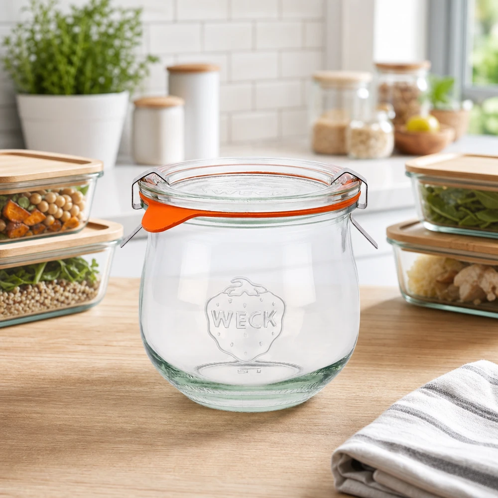 370ml tulpenglas compleet WECK RR80 WECK tulpenpot 370ml RR80 met swing top op houten werkblad in moderne keuken tussen glazen schalen