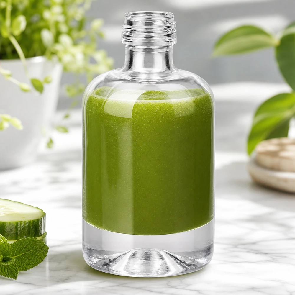 40 ml glazen fles Sara zonder schroefdop UNiTWIST® 40ml glazen fles Sara gevuld met groene smoothie naast komkommer en munt toont natuurlijke cosmetische toepassing