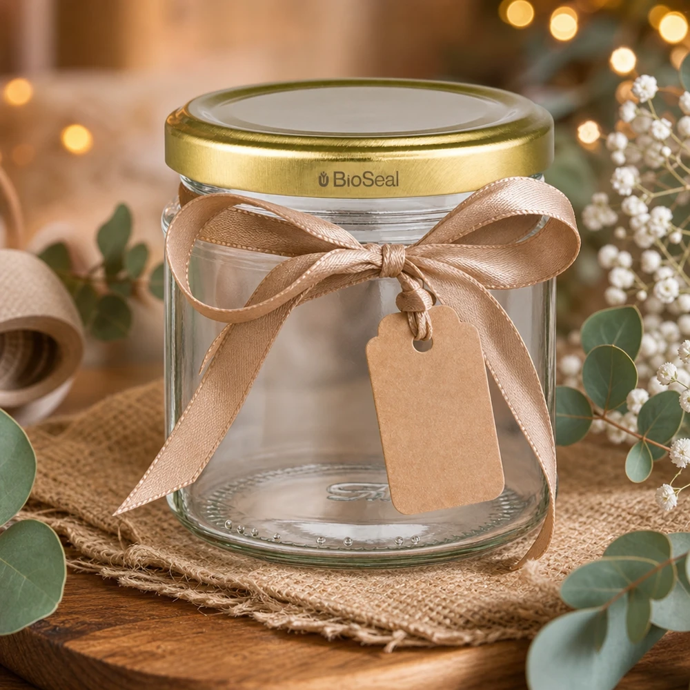 212ml rond glas met BioSeal deksel goud UNiTWIST UNiTWIST Rundglas 212ml mit goldenem BioSeal Deckel als Geschenkverpackung mit Schleife und Anhänger dekoriert