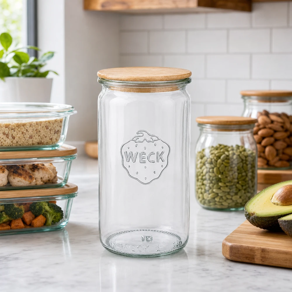 WECK voorraadpot 340ml RR60 met houten deksel in keukensfeer naast voorraadpotten en voorraadpotten