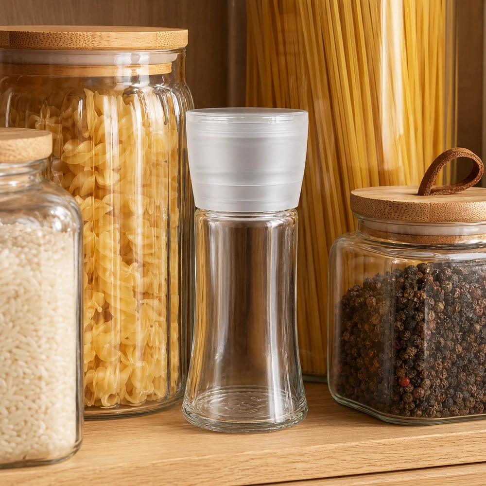 Zout-/kruidenpotje 95 ml met molen Vario wit Kruidenpotje van 95 ml met witte Vario-molen op het keukenrek, tussen de pasta, rijst en peperkorrels