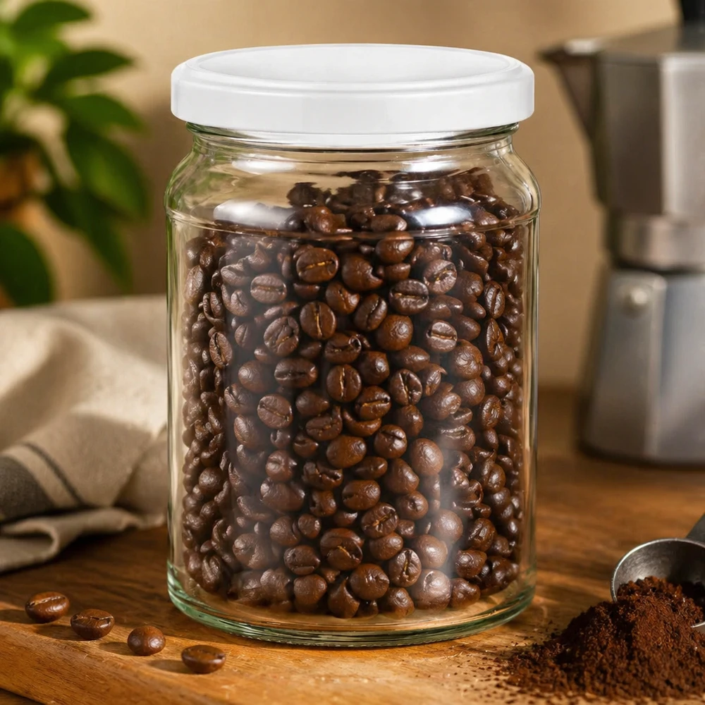 205ml rond glas met BasicSeal deksel wit UNiTWIST 205 ml ronde pot UNiTWIST gevuld met koffiebonen - luchtdichte voorraadpot voor koffie en droge voedingsmiddelen