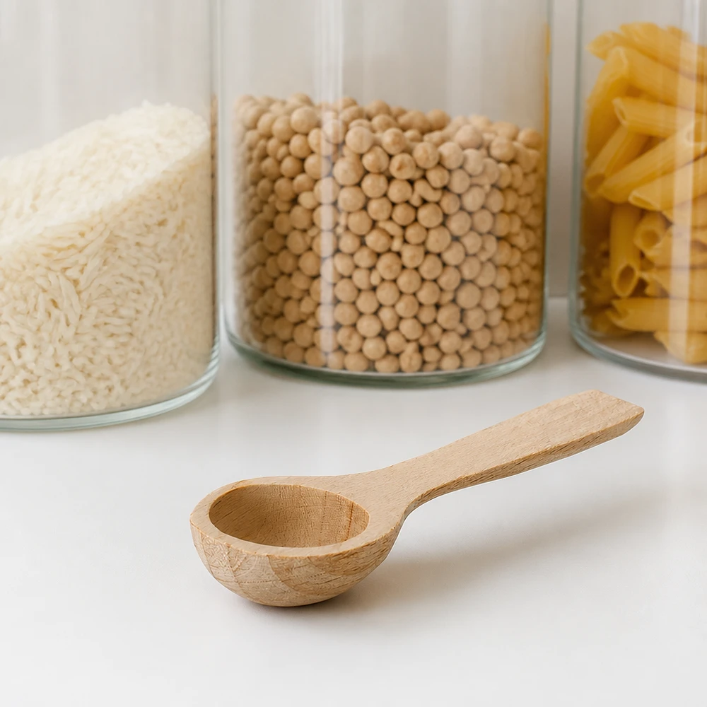 Houten schep maat S lepelvorm - 77mm lang Beukenhouten schep S voor voorraadpotten met rijst kikkererwten pasta keukenorganisatie natuurlijk materiaal