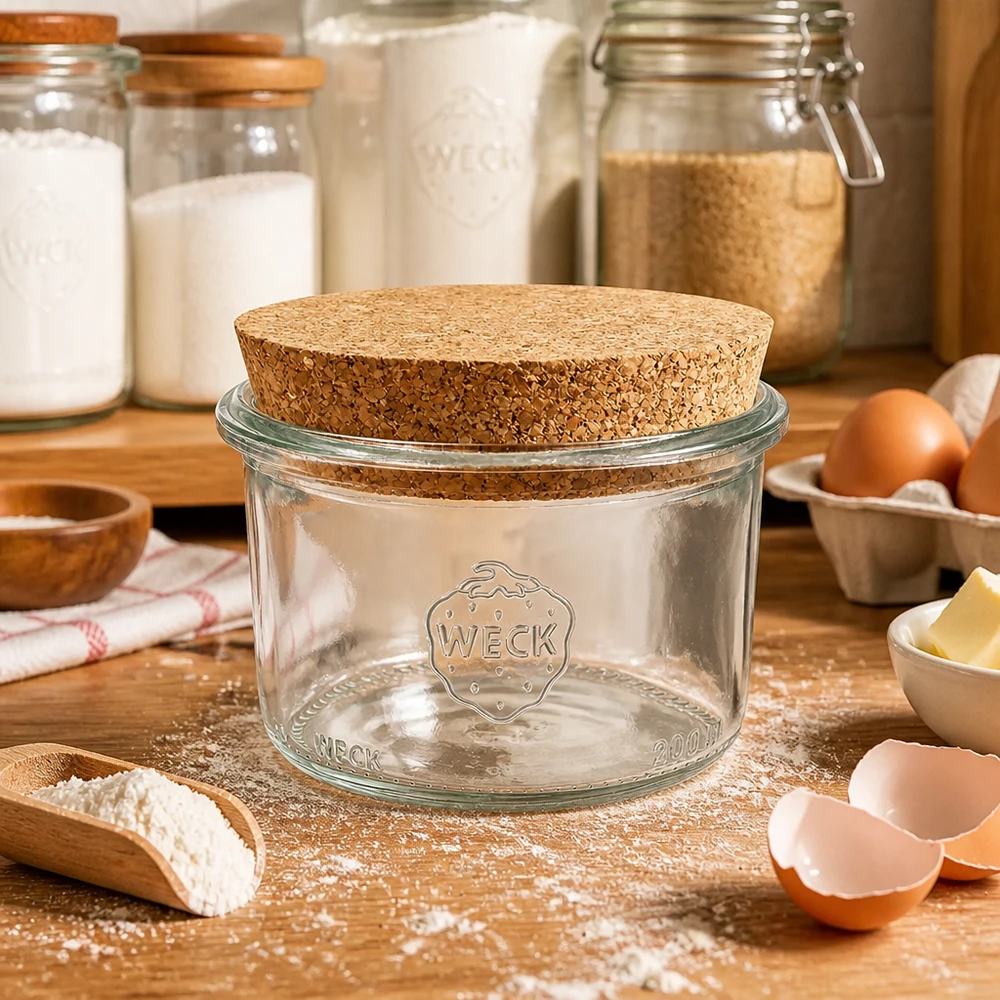 WECK bekers 200ml RR80 met kurken deksel op houten werkblad omringd door bakingrediënten bloem eieren en boter