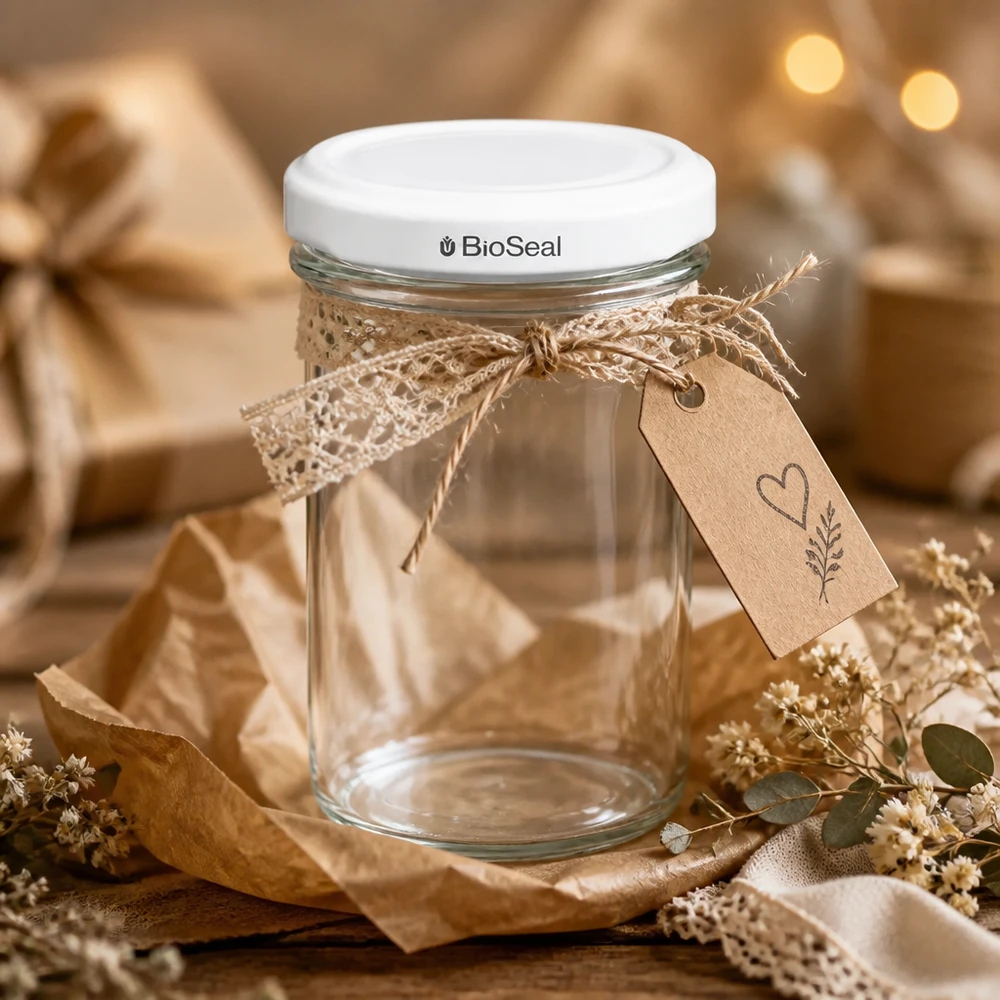 UNiTWIST Sturz230 inmaakpot met wit TO66 BioSeal deksel decoratief met kanten lint cadeaulabel rustiek decor
