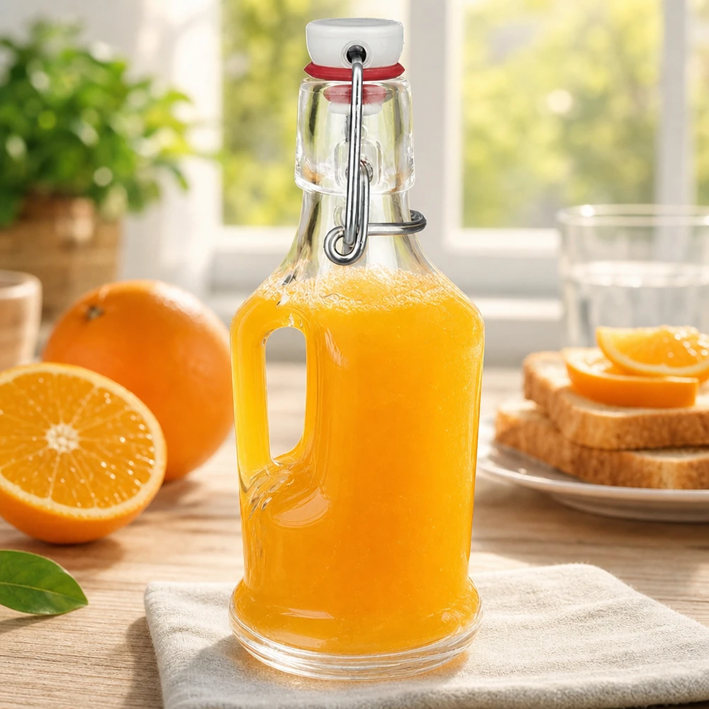 UNiTW glazen fles Bertha 200ml gevuld met sinaasappelsap naast verse sinaasappels en toast swing top ontbijtscène
