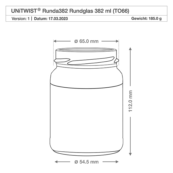 382ml rond glas zonder deksel (TO66) UNiTWIST UNiTWIST Runda382 rond glas 382ml TO66 technische tekening met afmetingen Diameter 65mm Hoogte 112mm Gewicht 185g