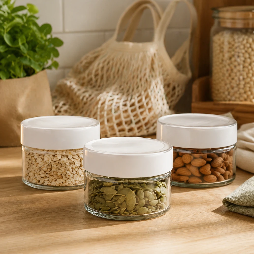 130ml BasicSeal witte ronde potten set gevuld met noten en zaden - voedselopslag keuken glazen potten