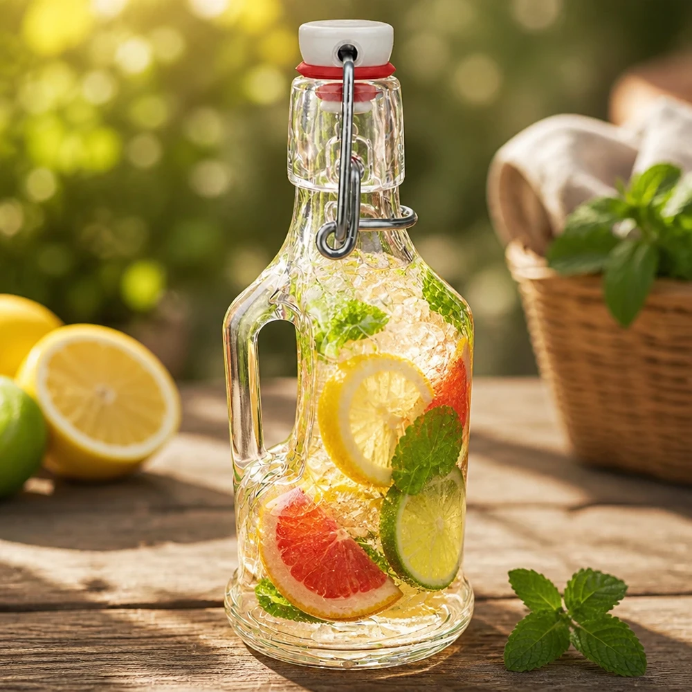 200 ml glazen fles Bertha en PVC-sluiting UNiTWIST® 200 ml glazen fles Bertha met citroen-grapefruit infusie, munt, swing top UNiTWIST, buitensfeer
