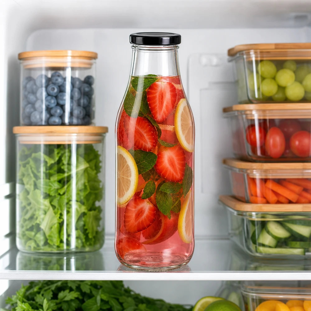 1000ml fles met BasicSeal deksel zwart UNiTWIST 1000ml Glasflasche mit Erdbeer-Zitronen-Getränk im Kühlschrank zwischen organisierten Lebensmittelbehältern