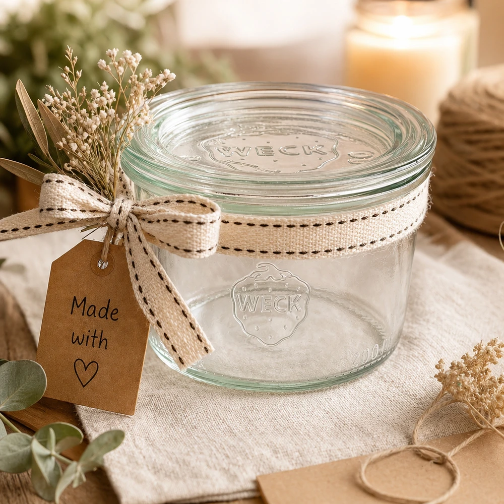 200ml stortglas met glazen deksel WECK RR80 WECK bekers 200ml RR80 als geschenk versierd met lint en Made with Love label
