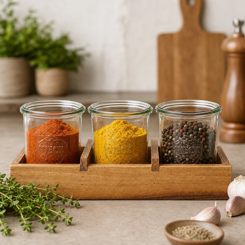 Dienblad Box3 acaciahout voor 3 WECK stortglas Gewürz-Organisation im Akazienholz Servierbrett Box3 drei WECK Gläser mit Paprika Kurkuma Pfeffer Küchendeko