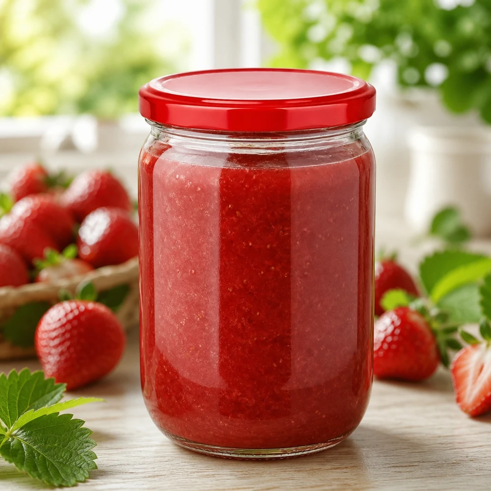 555 ml rond glas + BasicSeal-deksel rood UNiTWIST Aardbeienpuree in een klassiek rond glas van 555 ml van UNiTWIST, afgesloten met een luchtdichte BasicSeal-deksel in rood