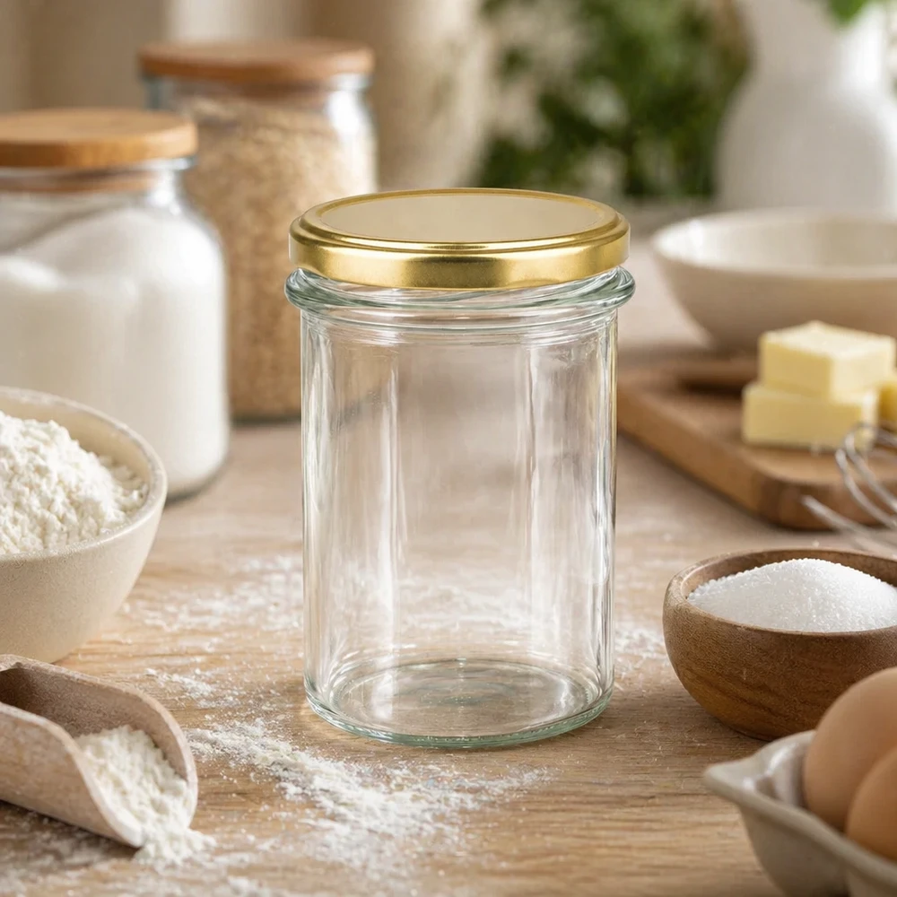 230ml bekers met BasicSeal deksel goud UNiTWIST 230ml bekers leeg met gouden BasicSeal deksel UNiTWIST in keuken omringd door bakingrediënten en houten schalen