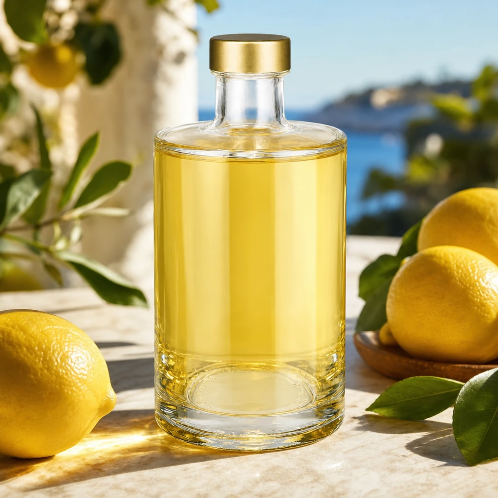 375 ml glazen fles Sam + schroefdop goud UNiTWIST® 375 ml glazen fles Sam met citruslikeur gouden schroefdop UNiTWIST citroen limoncello mediterrane sfeer