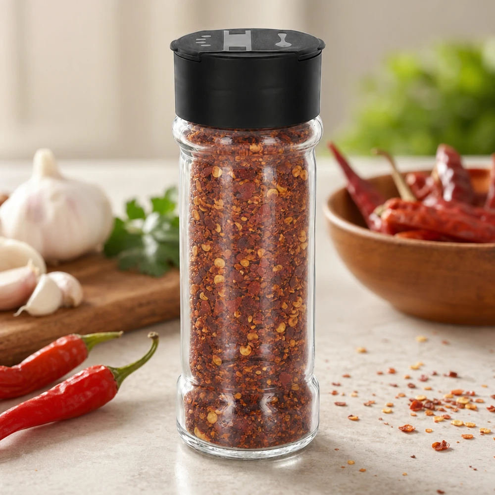 Zout-/kruidenpotje 100 ml met dubbele strooier, zwart Glazen kruidenstrooier van 100 ml met gedroogde chilivlokken en knoflook op de achtergrond