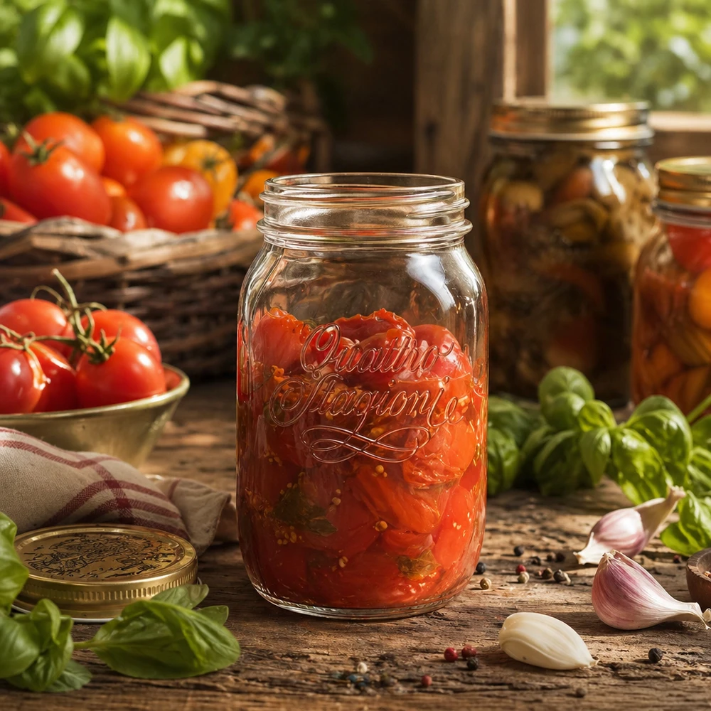 1000ml Quattro Stagioni huishoudpot gevuld met tomatensaus op een houten tafel met verse tomaten en basilicum