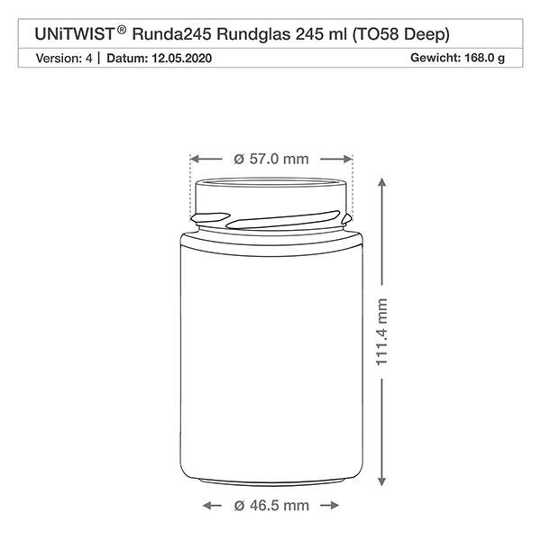 245ml rond glas zonder deksel (TO58deep) UNiTWIST UNiTWIST Runda245 rond glas 245ml TO58 Diepe technische tekening met afmetingen 57mm diameter 111,4mm hoogte 168g