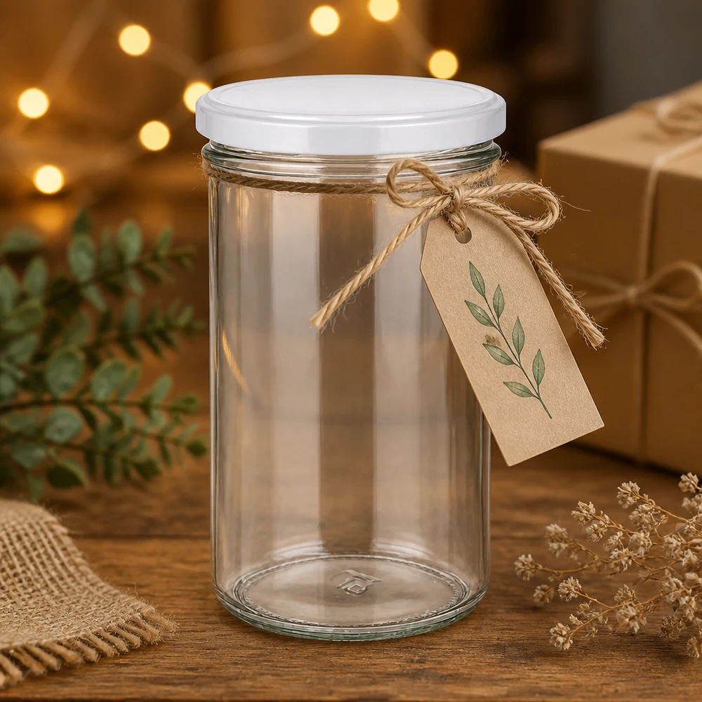 277ml bekers met BasicSeal deksel wit UNiTWIST Lege marmeren pot van 277 ml met wit deksel als cadeau-idee versierd met een label van kraftpapier en jutelint