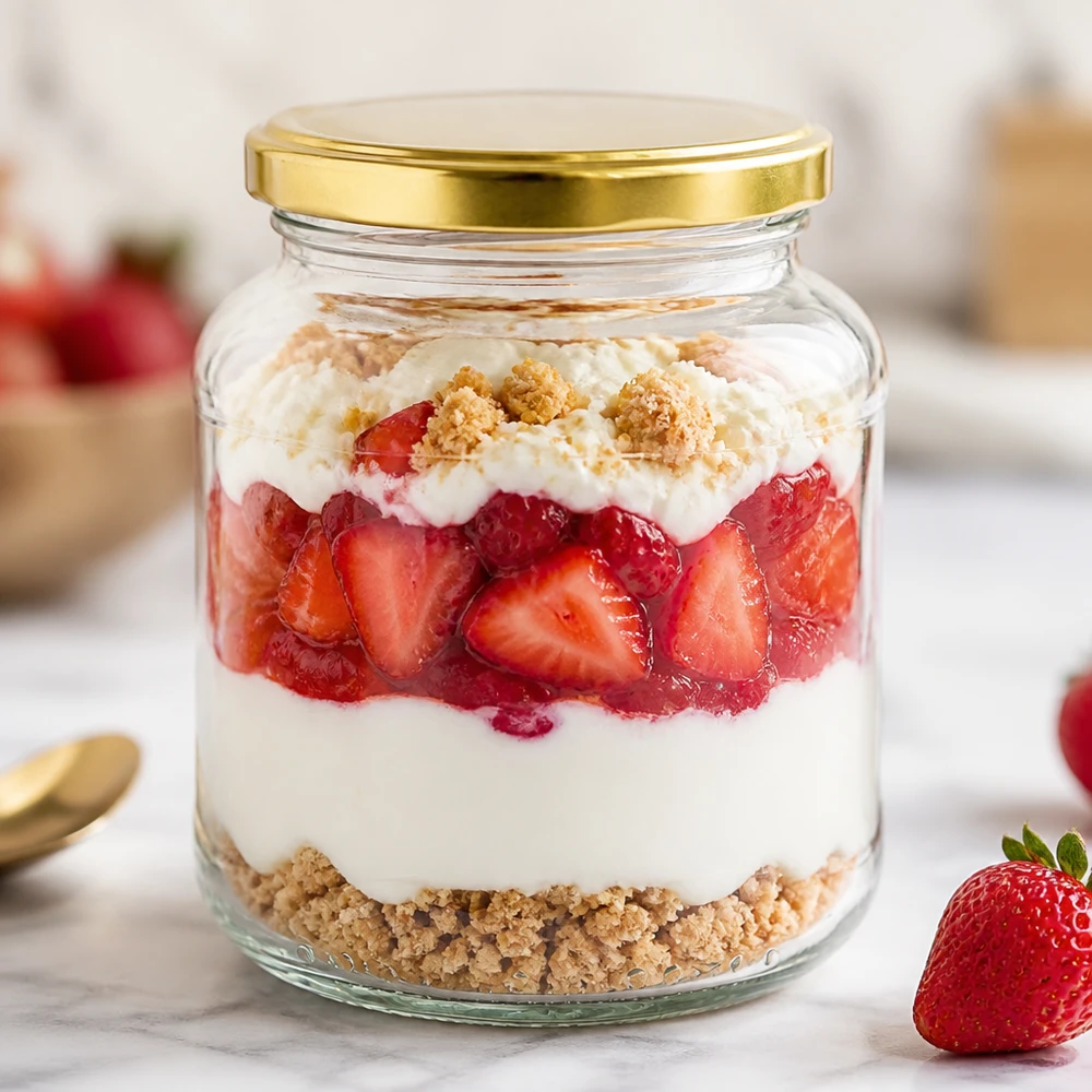 370ml ovaal glas met BasicSeal deksel goud UNiTWIST 370 ml ovaal potje met gouden BasicSeal deksel UNiTWIST gevuld met aardbeien dessert gelaagd dessert in een voorraadpotje