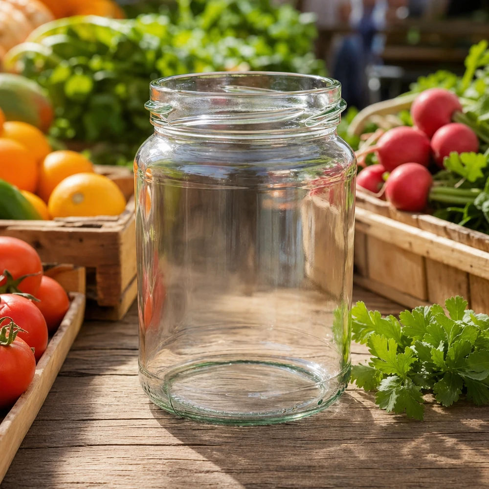 UNiTWIST Runda205 ronde pot 205ml TO58 inmaakpot op houten tafel met verse groenten tomaten radijzen