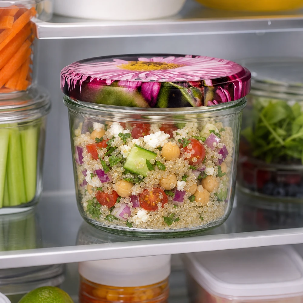 230ml bekers met BasicSeal deksel Bloemen decor UNiTWIST 230 ml mason jar met BasicSeal bloemdeksel in de koelkast, gevuld met quinoa salade en groenten als maaltijdprep