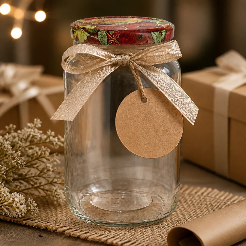 1062ml rond glas met BasicSeal deksel Fruit decor UNiTWIST 1062ml ronde pot BasicSeal deksel fruitdecor geschenkverpakking met lint label rustieke decoratie